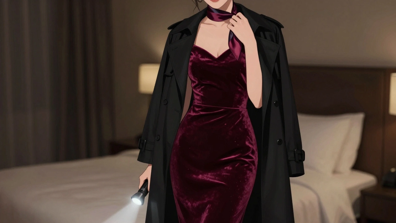 A woman in a burgundy velvet dress and long trench coat adjusting a silk scarf in a dim hotel room, holding a flashlight to check fabric.