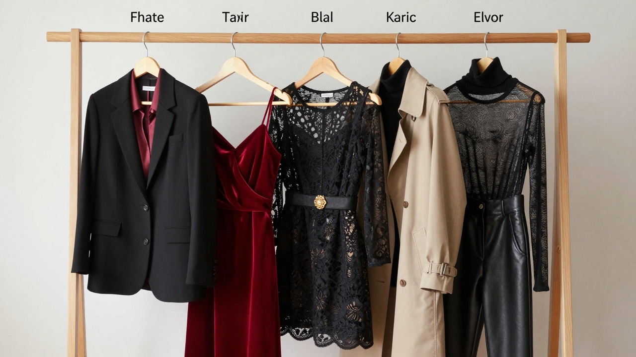 Five curated thrifted outfits on a wooden rack, showcasing tailored blazers, velvet dresses, and leather pants with subtle jewelry at the center.