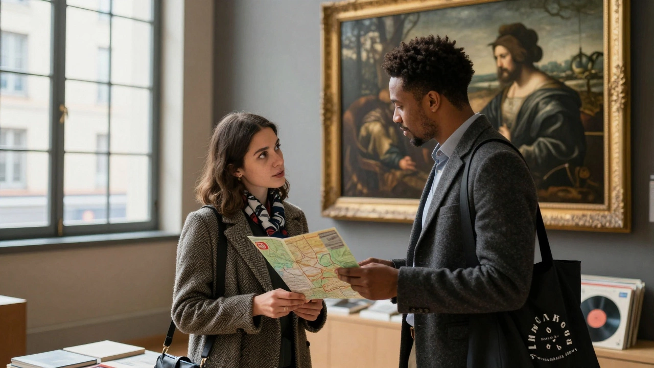Man and woman viewing art at Lyon museum, books in her bag